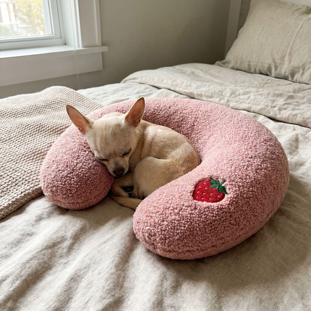 Chihuahua curled into a pink PawCalm pillow on a bed