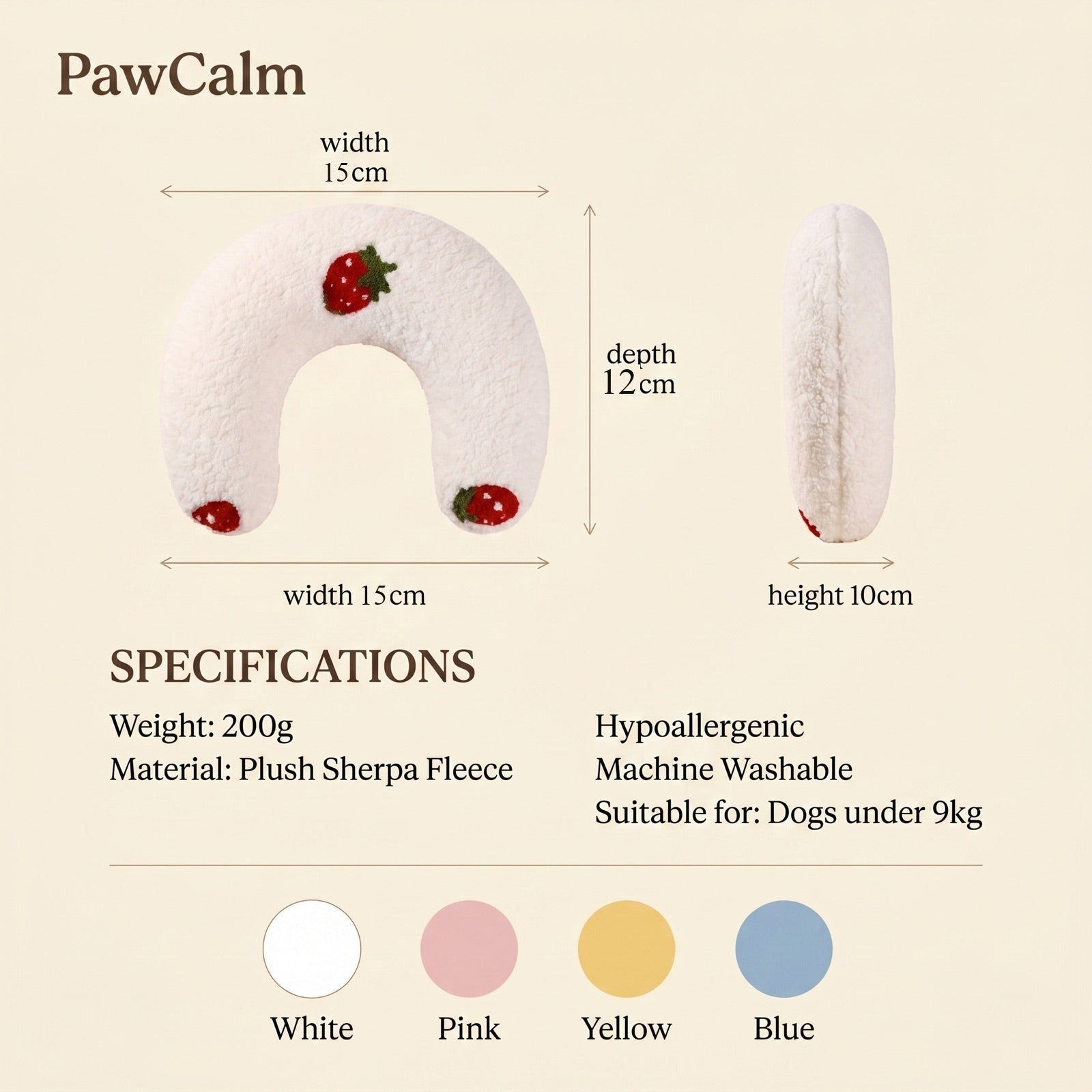 PawCalm size and specifications: 15x12x10cm, 200g, for dogs under 9kg