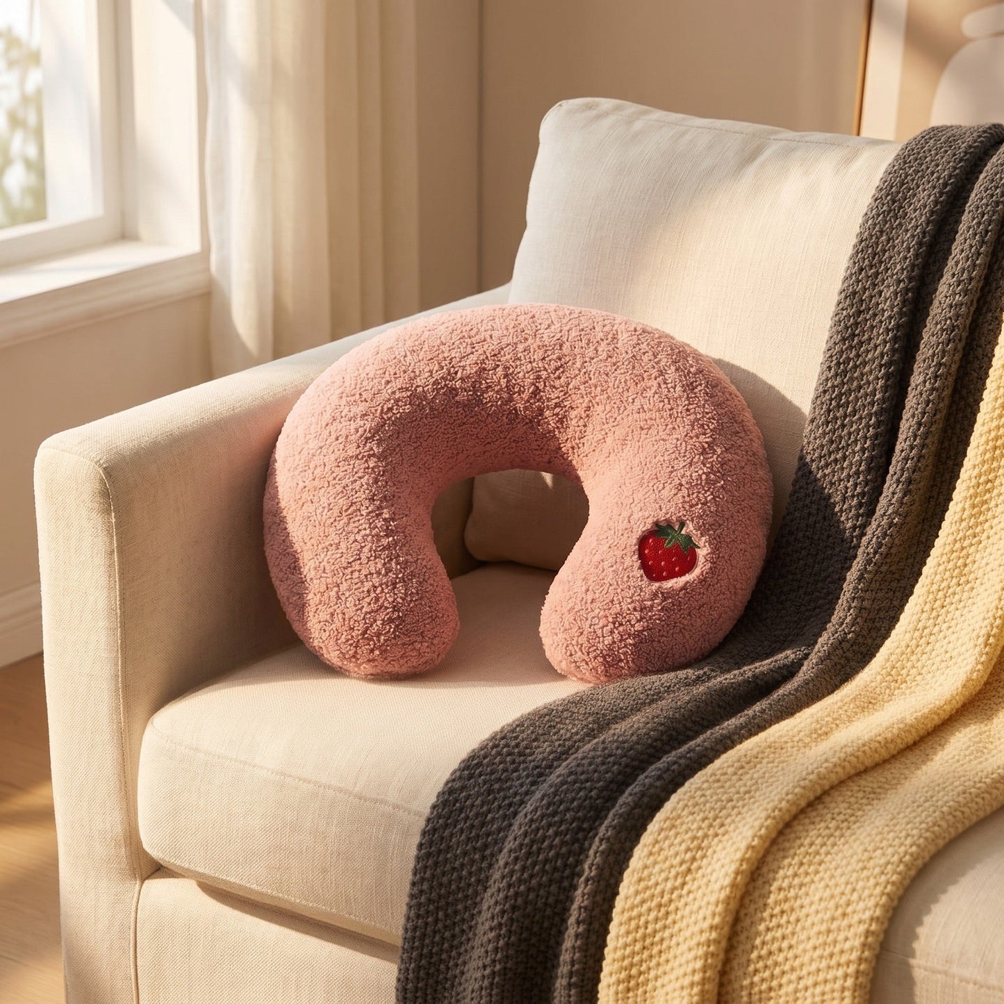 PawCalm pink pillow on a sofa