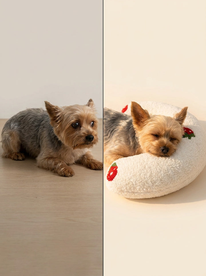 Before and after: a small dog beside the pillow on night one, calmly curled into the PawCalm pillow by night thirty