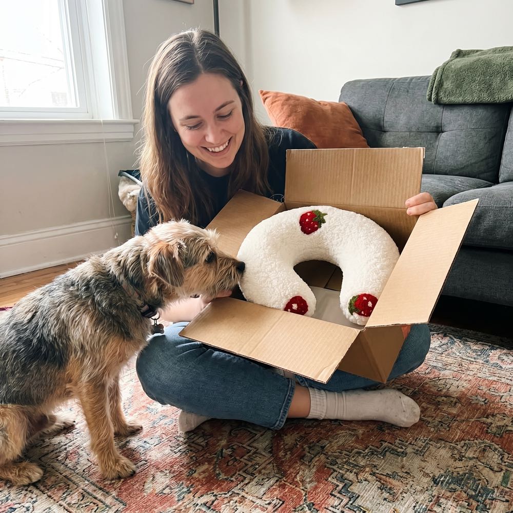 Owner unboxing a white PawCalm pillow while her small dog sniffs it