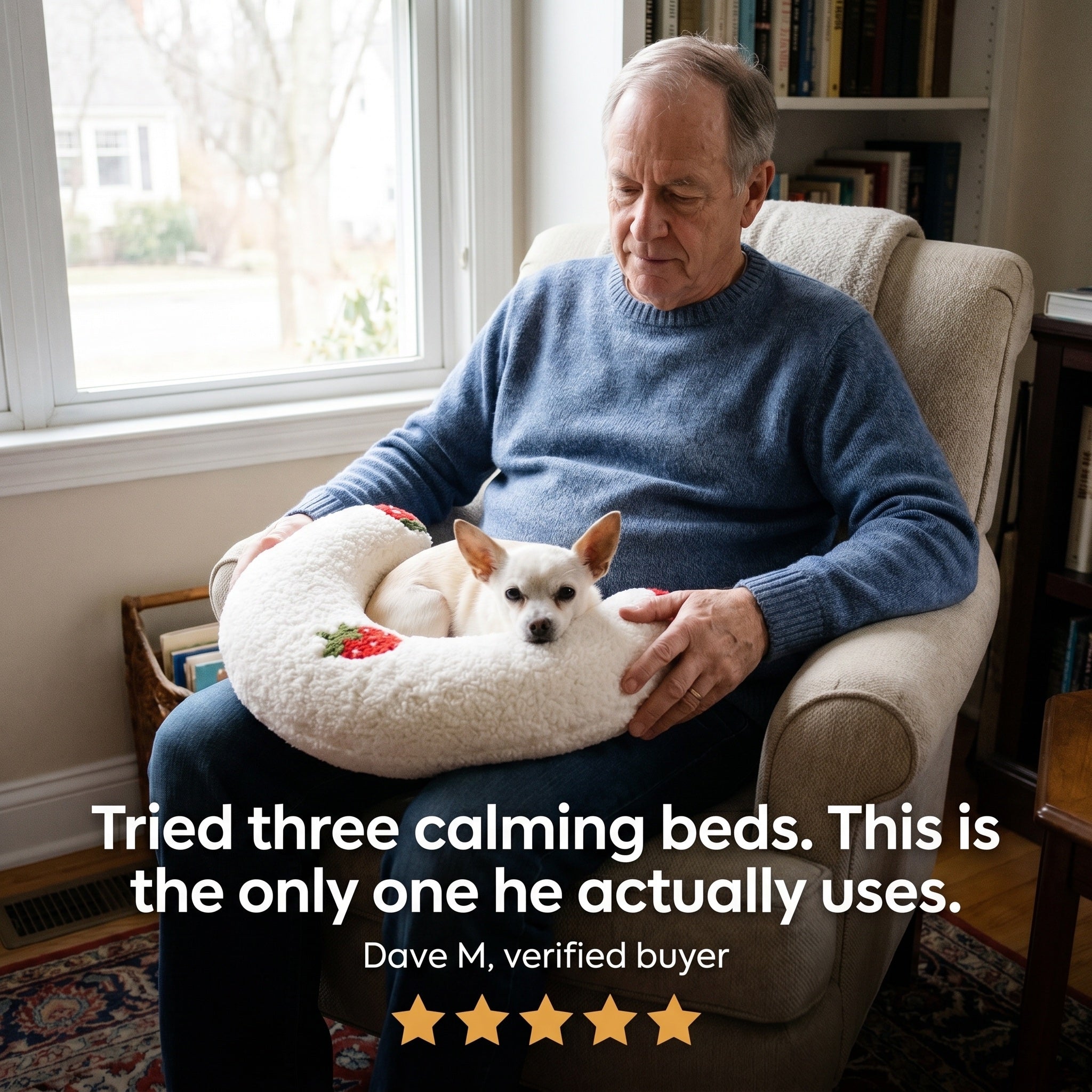 Dave with his senior chihuahua resting its chin on a white PawCalm pillow, five-star review: tried three other beds, this is the only one he actually uses